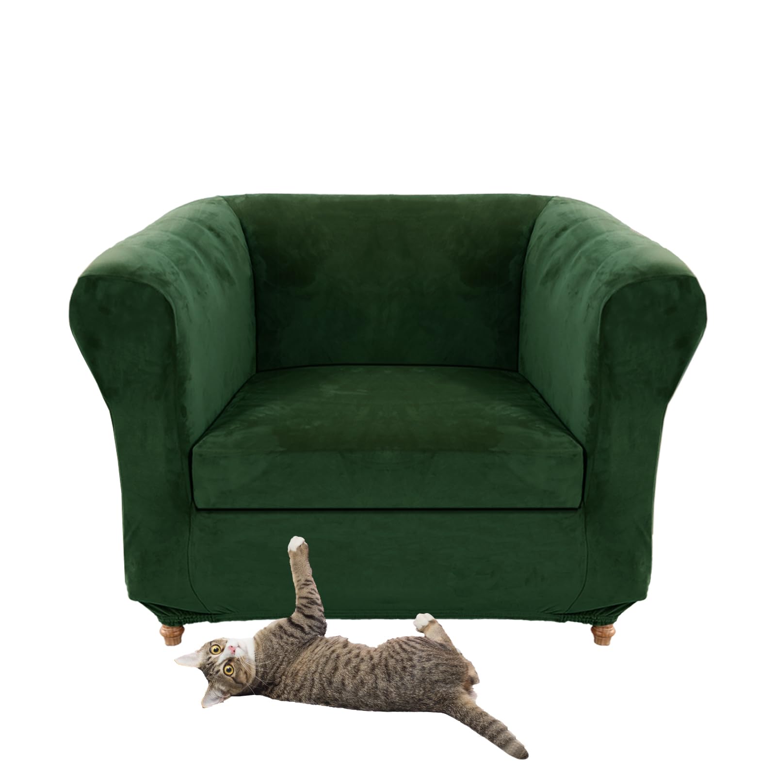 Stretch Velvet Chesterfield Sofa Cover Couch Cover with Seat Cushion Cover for Curved Chaise Armchair Vintage Style (Dark Green Chair + 1 Small Seat)