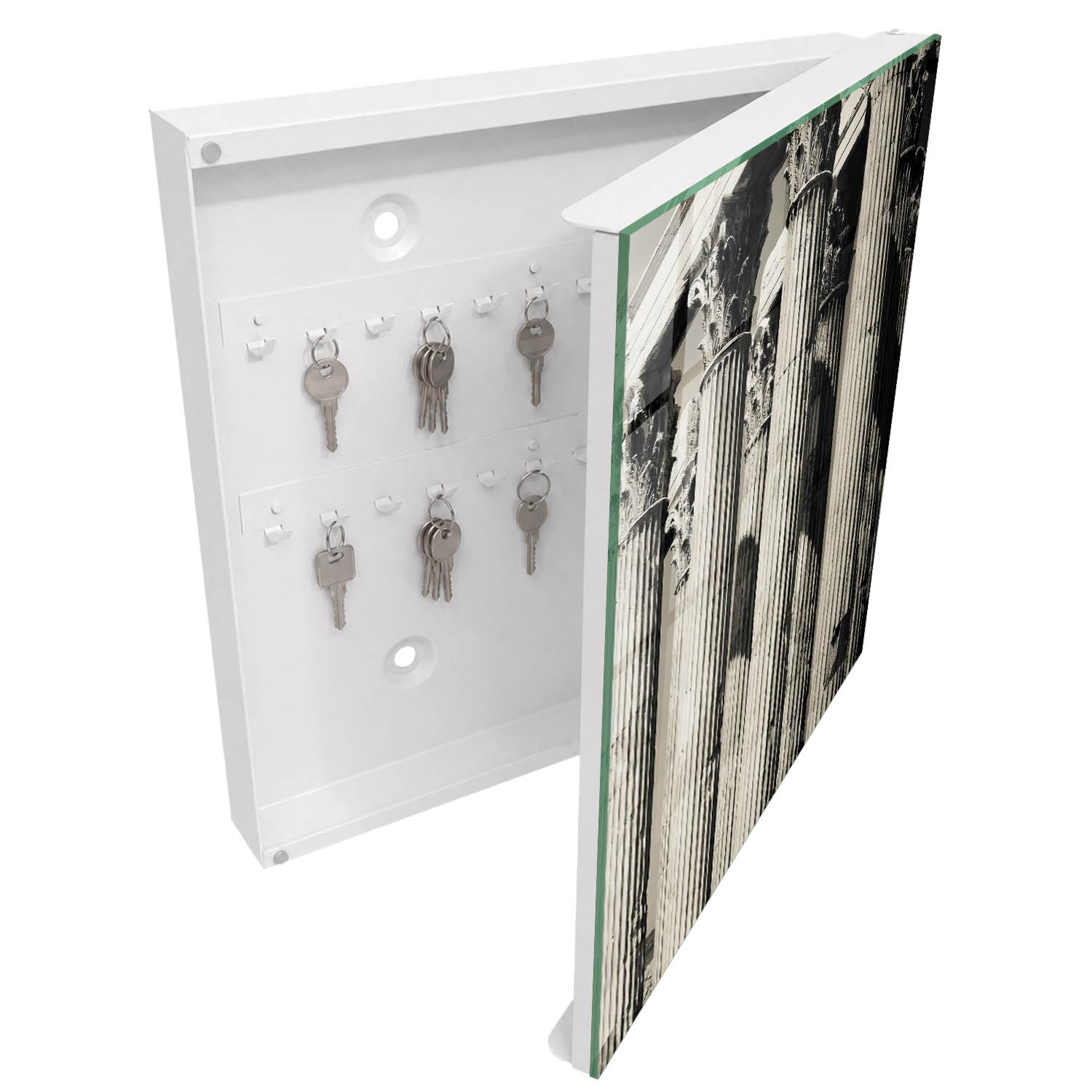Armadietto Portachiavi 30x30 cm | Bianco | A Destra | Montaggio a Parete | Colonne antiche | Frontale Decorativo in Vetro Temperato | per Uffici | Tasselli e Viti Inclusi | in Metallo