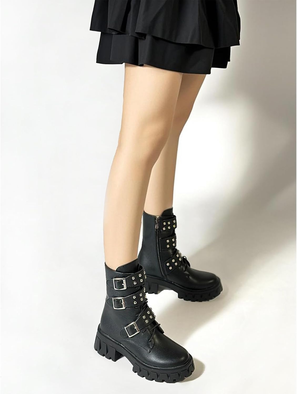 MEOTINA Platform Goth Boots for Women Chunky Heel Lace Up Ankle Boots Black Combat Boot Rave Booties with Zipper Buckle Gothic Shoes - Image 2