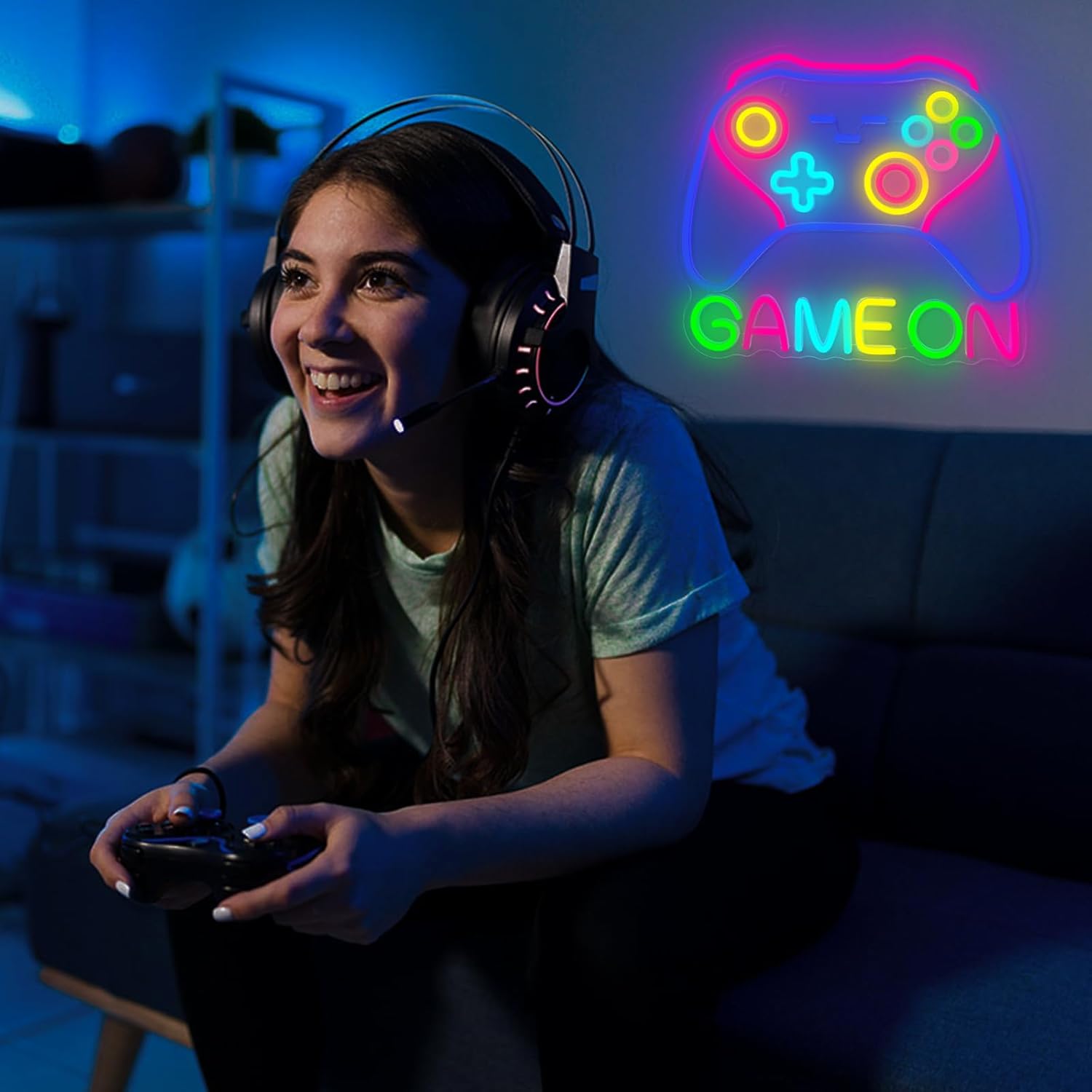 Gamer Neon Sign 14.5'' x 13'' Big Dimmable Game On Neon Light Colorful Game Controller Light Up Sign USB-Powered Gamepad Gaming LED Sign for Teens Boys Bedroom Men Caves Kids Home Party Wall Decor - Image 2
