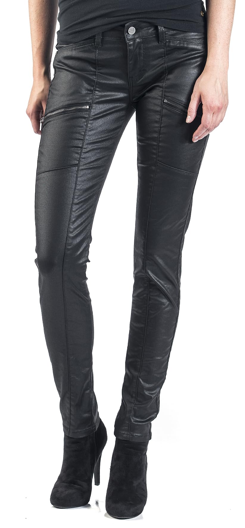 Black Premium by EMP Mujer Pantalón Negro con Aspecto de Cuero