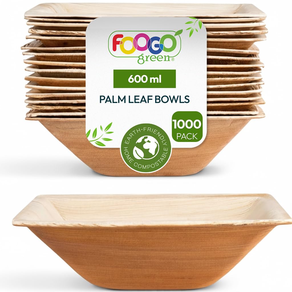FOOGO Green 1000 Ciotole Monouso Foglia di Palma, Quadrate 16,5cm, 600ml | Biodegradabili e compostabili, resistenti a cibi caldi e salse, senza plastica, ideali per feste, buffet e matrimoni