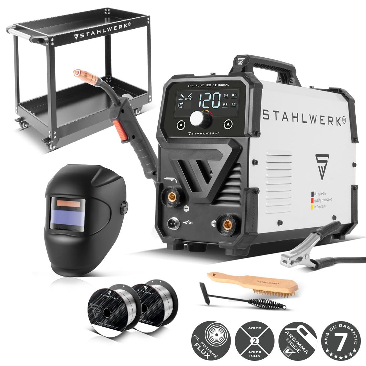 STAHLWERK Poste à souder Mini FLUX 120 ST Digital – Kit complet avec chariot – Soudage au fil fourré (FLUX) sans gaz jusqu'à 120 A, dévidage synergique, LED, fonction Lift-TIG & MMA (ARC)