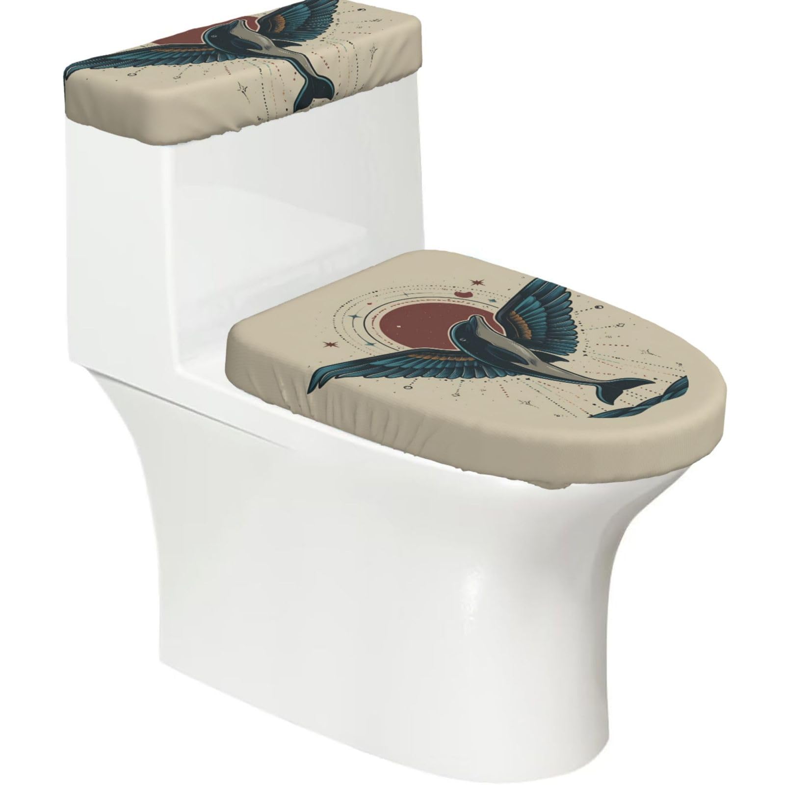 Mrowyc Black Blue-Winged Dolphin Printed Toilet Seat Set - Set Of 2 - Universal Toilet Seat Cover - Housewarming Birthday Christmas Gift