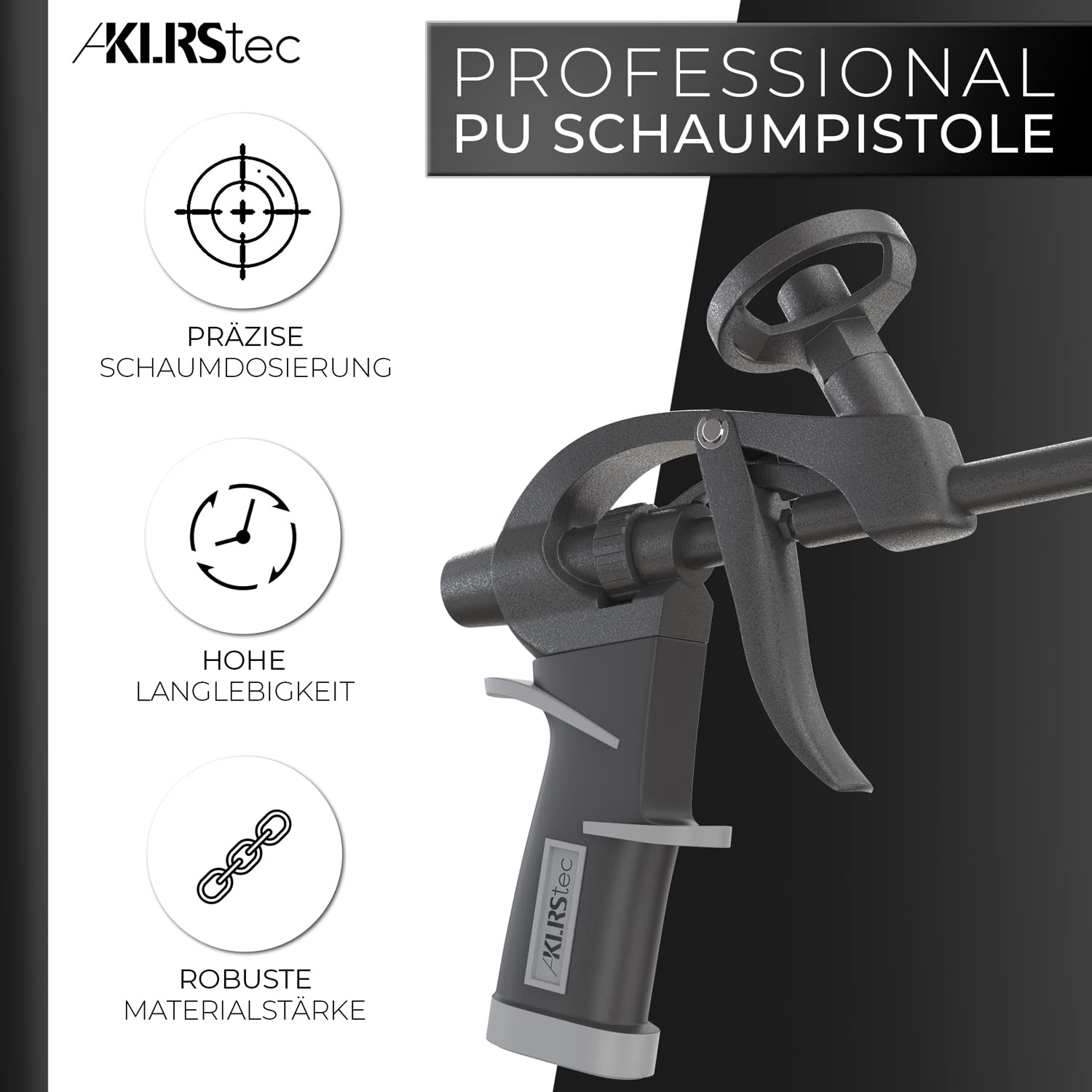 KLRStec® PROFESSIONAL PU Schaumpistole Teflon beschichtet (PTFE) - Profi Montagepistole I Bauschaumpistole mit Einhandjustierung (1k & 2k 750ml) inkl. Zubehör