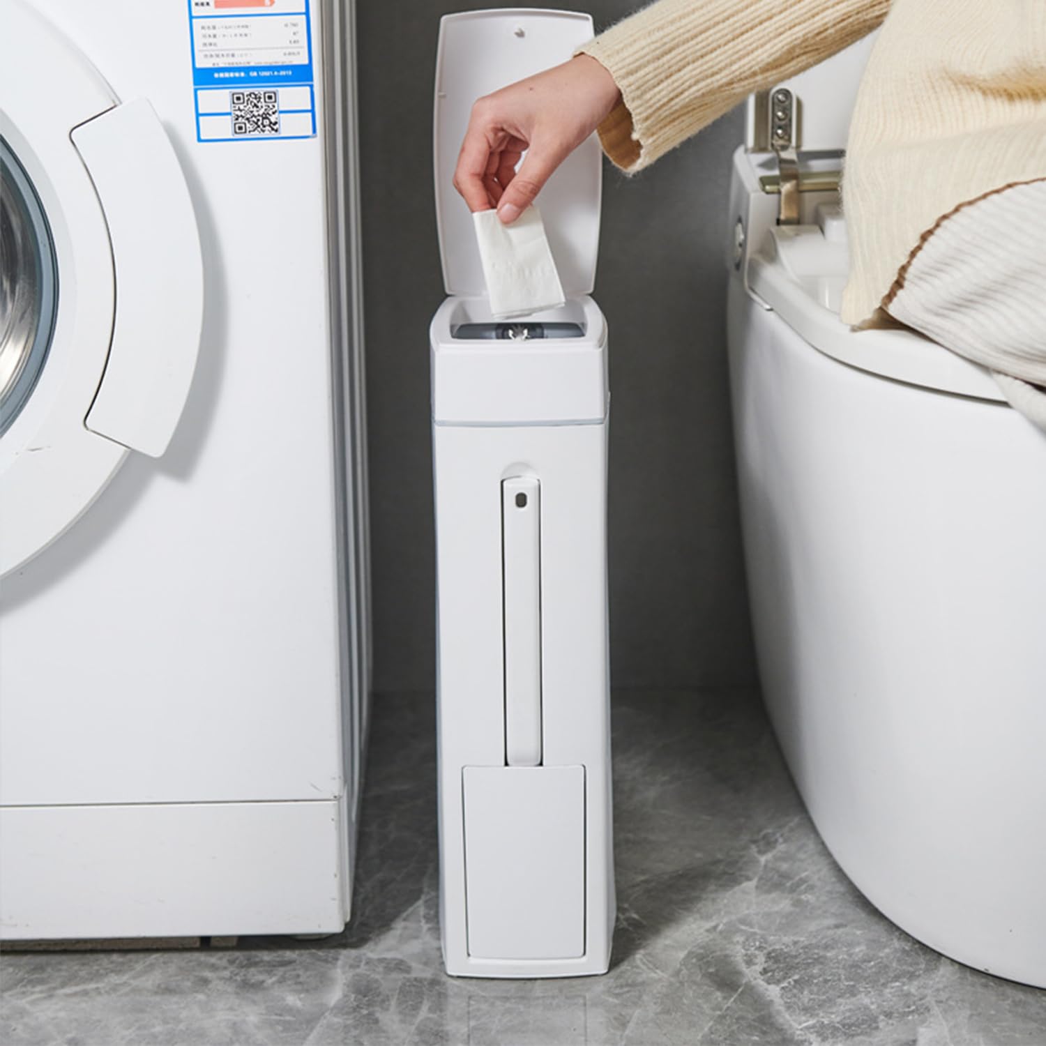 Pattumiera da bagno da 4,5 L con coperchio - Pop-Up cestino di plastica con scopino per WC - A tenuta di odore per bagno, cucina, ufficio, soggiorno, WC in bianco