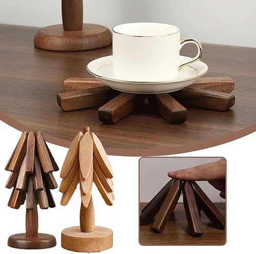Miniatura 6 de Juego de 3 posavasos de madera con diseño de árbol para decoración de mesa, manteles individuales de madera plegables creativos, decoración del