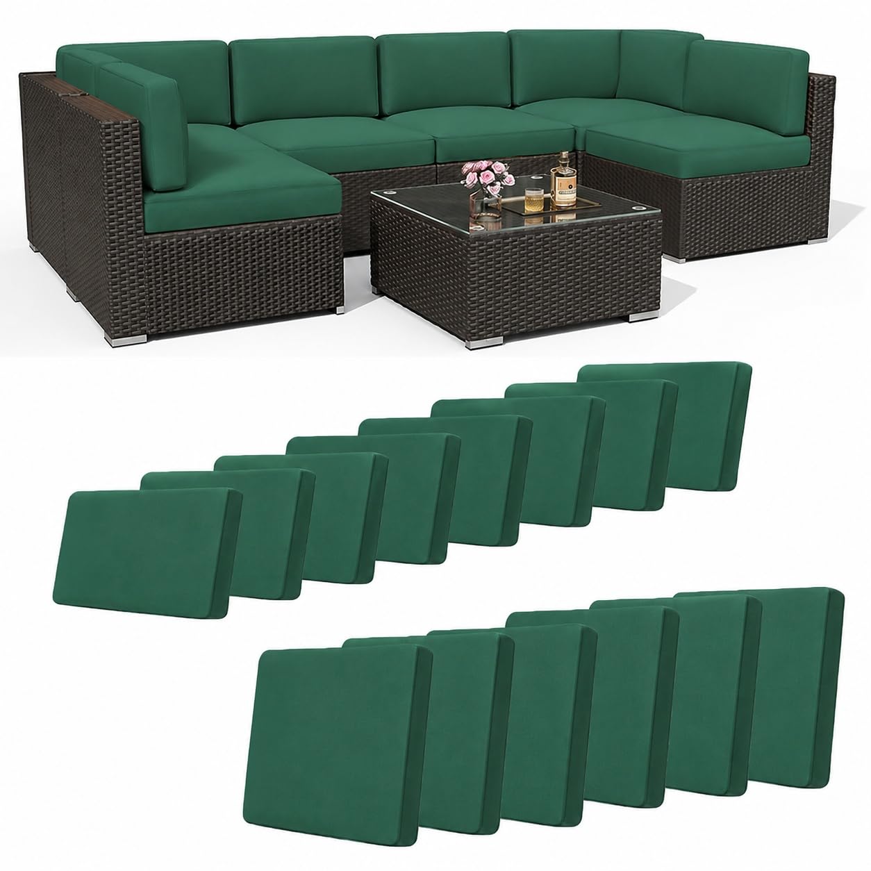 Hiseng Outdoor Patio Cushion Covers 14 PCS Solid Color Stretch Replacement Slipcovers for 8 Backrests and 6 Seat Cushions, Patio Furniture Rattan Corner Sofa Seat Protectors (Dark Green)