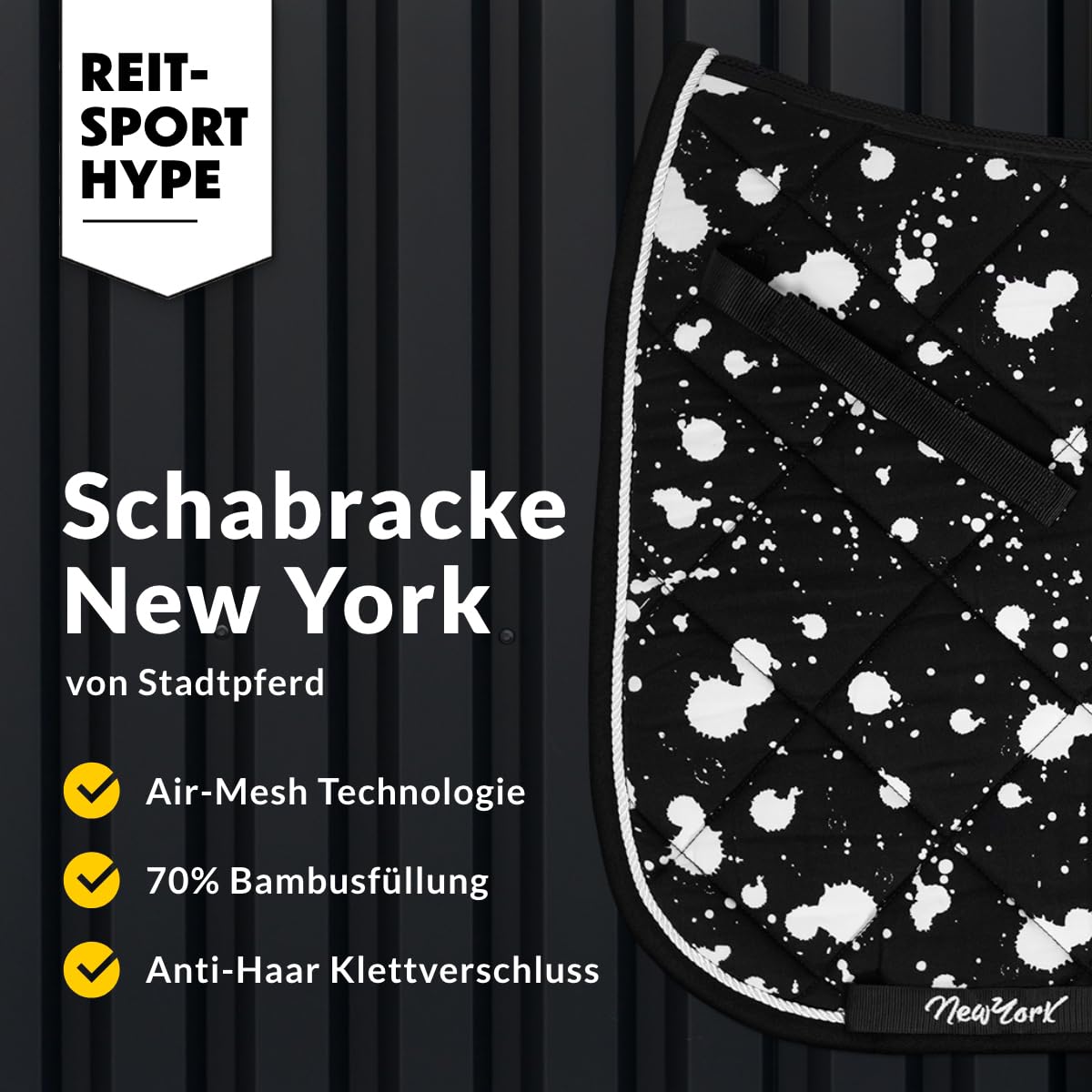 Premium Schabracke New York ✓ Air-Mesh Technologie ✓ Füllung 70% Bambus & 30% Polyester ✓ Anti-Haar Klettverschluss • Schabracke Dressur - Schabracke Pferd - Schabracke Set - Schabracke schwarz