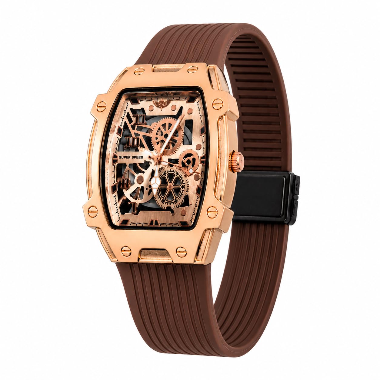 KIDDICINE Men's Analog Watch with Skeleton Dial, Rose Gold Alloy Case, Brown Silicone Strap, Quartz Movement, Magnetic Buckle & 30M Water Resistant Wrist Watch