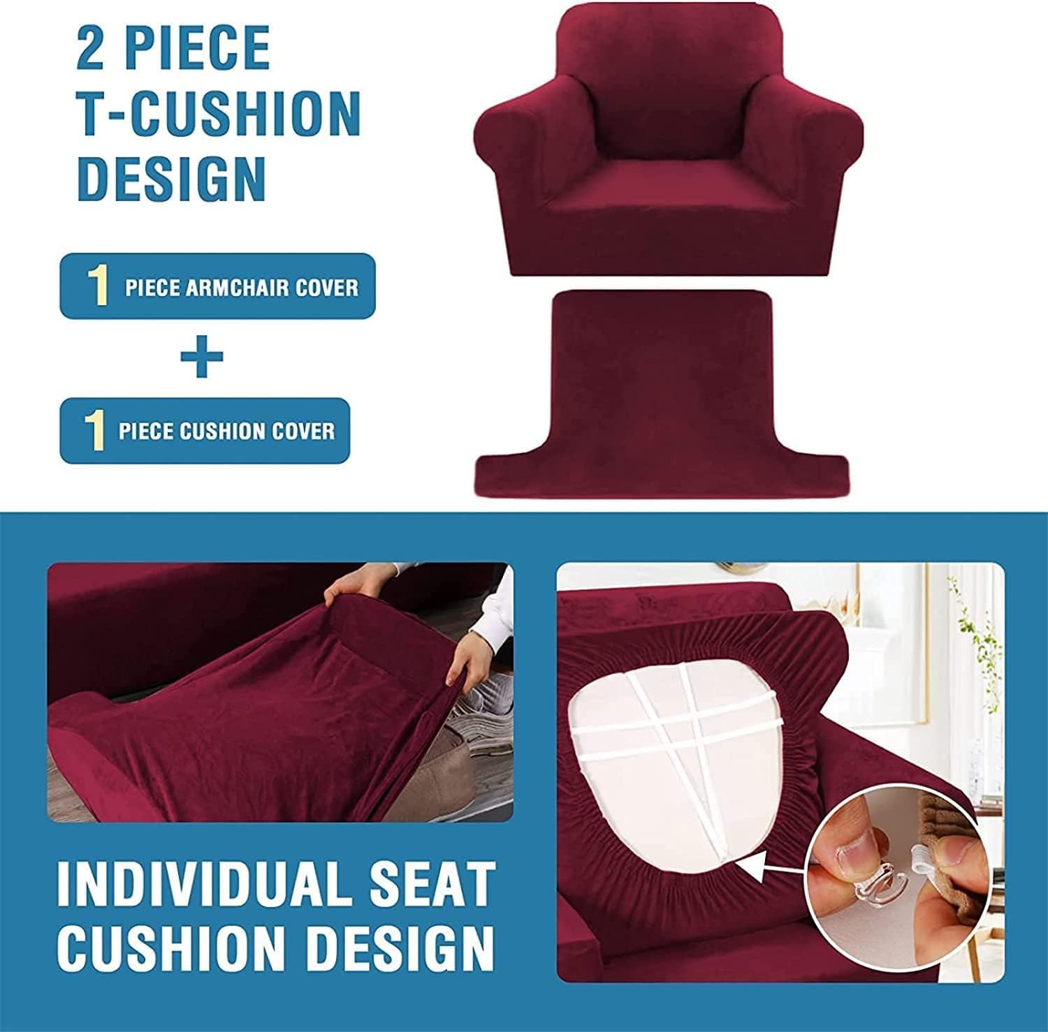 Velvet T Cushion Sofa Cover,Plush Sofa Slipcover with T-Shaped Seat Cushion Cover, Modern Soft Couch Covers for 1-3 Seater T Cushion Sofa (Red Wine,loveseat)