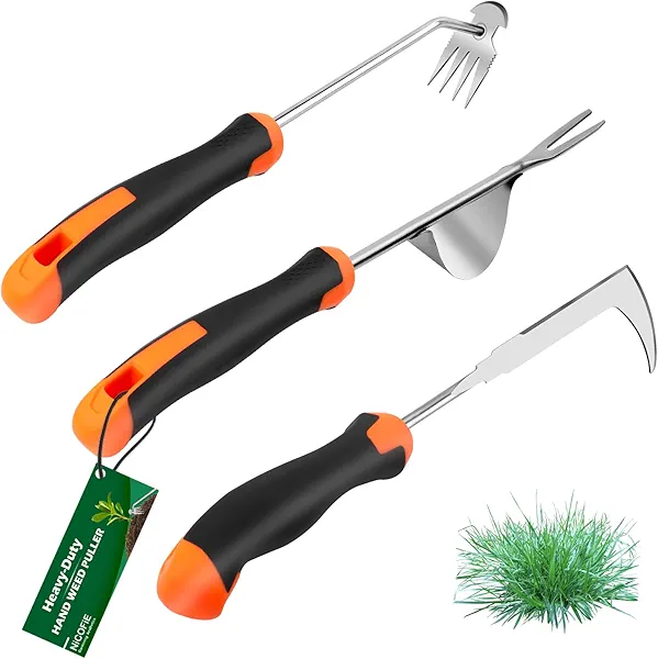 Nicofie 2025 Hand Weeder Tool, Rubber Handle Manual Weeder Puller Tool, Uprooting Weeding Tools, Crack Weeder Crevice, 4 Teeth Weeding Tool, Weeding Artifact Tool for Gardening(3 Pcs)