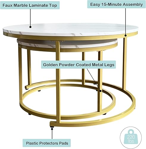 Miniatura 9 de AT-VALY Juego de 2 mesas anidadas, mesa de sofá redonda para sala de estar, 31.5 pulgadas de profundidad x 18.5 pulgadas de alto, 23.6 pulgadas de