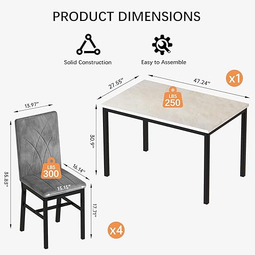 Miniatura 5 de Hooseng Juego de mesa de comedor para 4 sillas y mesas de cocina de mármol sintético, juego de 4, 5 piezas con sillas de comedor tapizadas de