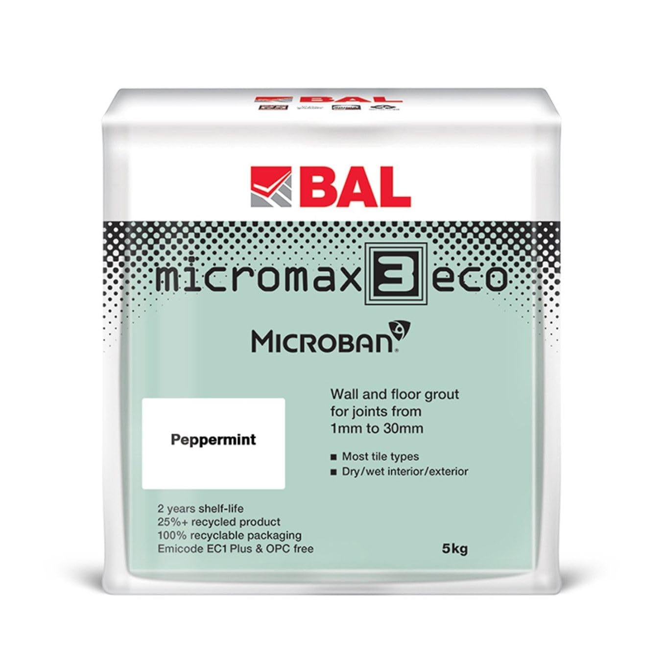 Bal Micromax3 Eco Grout Wall & Floor Grout, Rapid Set, Antimicrobial, Suitable For Interior & Exterior 5KG Bag - Peppermint