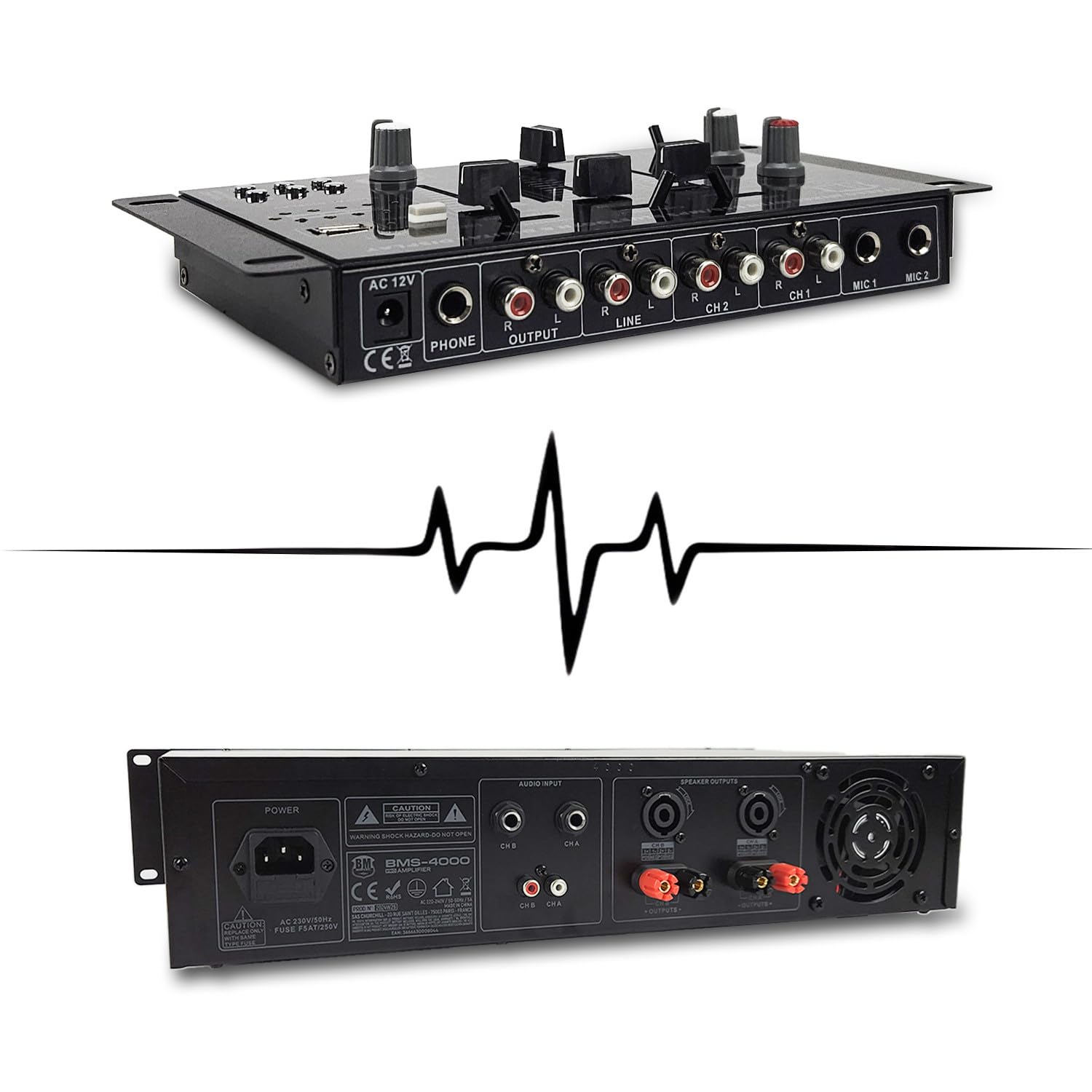 Pack de sonido DJ Amplificador 4000 W, 2 mega altavoces 4x38 cm de 2x2000 W, mesa de mezclas Bluetooth, arcos con 8 luces LED, para club o bar