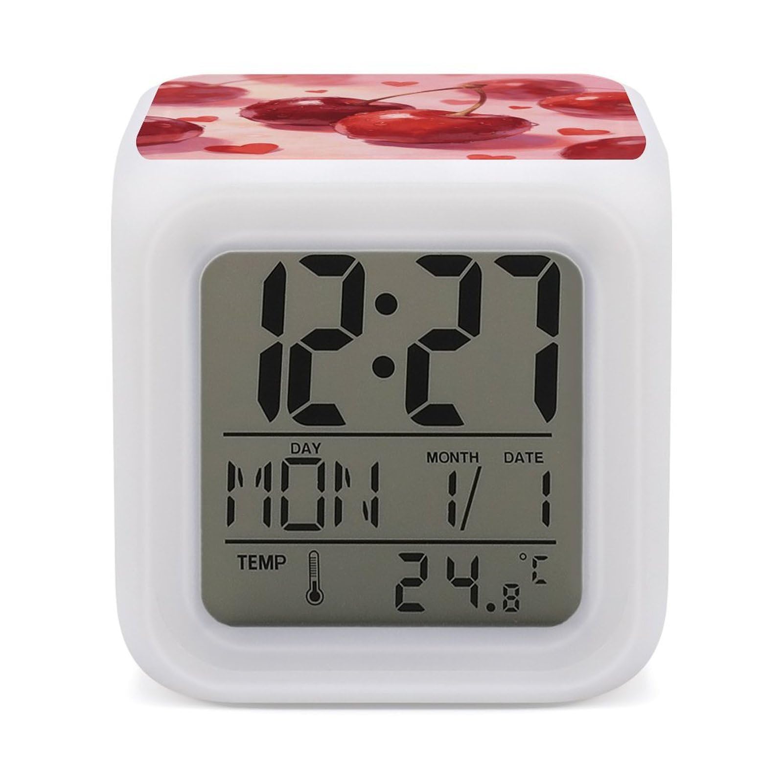LZQPOEAS Cherries and Hearts Alarm Clock with 7 Color Changing Nightlight for Bedroom Calendar Temperature Display Wake Up Digital Clock Small Desk Clocks for Heavy Sleepers Adults