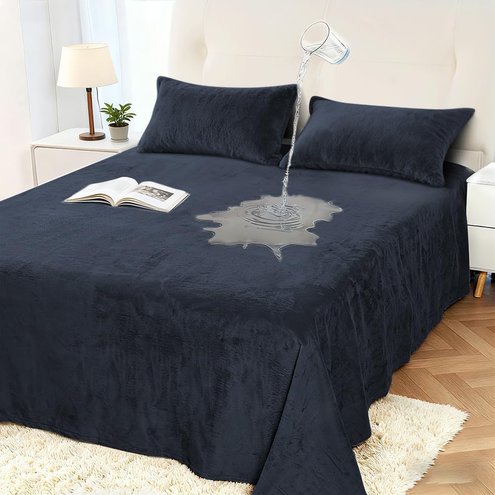 DUJUIKE Funda Impermeable para Cama, Funda de Terciopelo Impermeable, Protector de colchón Infantil 100% Impermeable y Transpirable, Funda de colchón silenciosa, súper Suave(Azul Marino, 230 x 250cm)