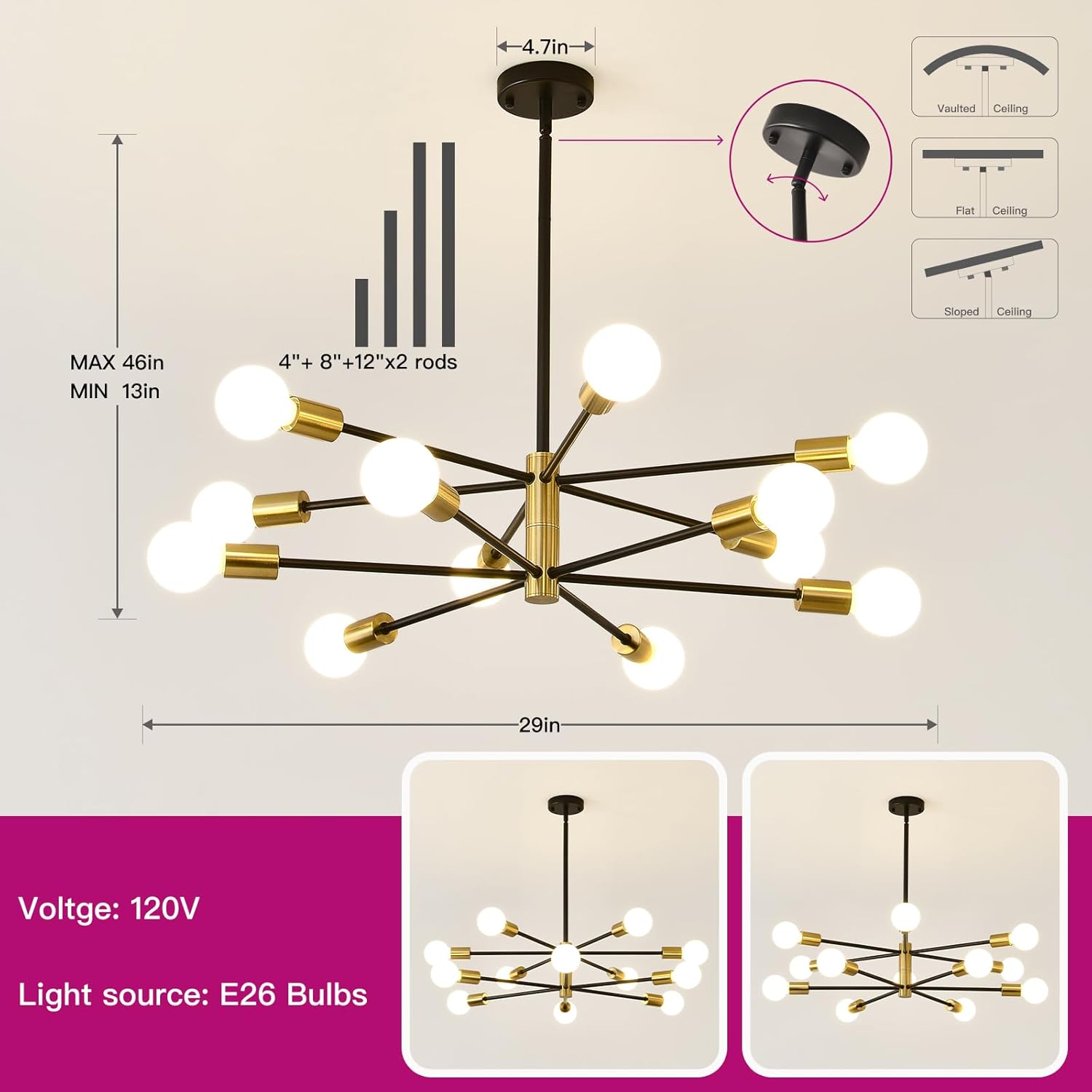 12-Light Black and Gold Sputnik Metal Chandelier