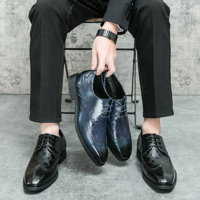 Men's Lace-Up Leather Oxford Dress Shoes with Pointed Toe and Brogue Detailing | Wingtip Design and Block Heel for Business Attire | Anti-Slip Rubber Sole for Comfort and Style3