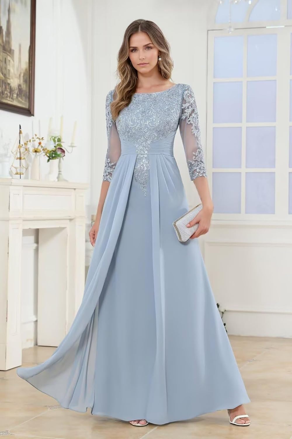 3/4 Sleeves Chiffon Mother of The Bride Dresses for Women Lace Applique Flowy Mother of The Groom Dresses with Train - Image 3