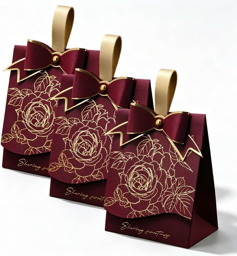 Rodvanvo 30 PCS Candy Gift Box Rose Pattern Bow, Burgundy