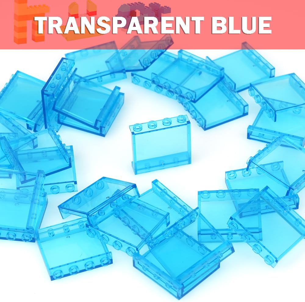 MALEKO Transparent Clear Window House Building Bricks, Classic Flat Plates Pieces and Parts Block Compatible with Major Brands (Blue 30pcs 1x4x3)