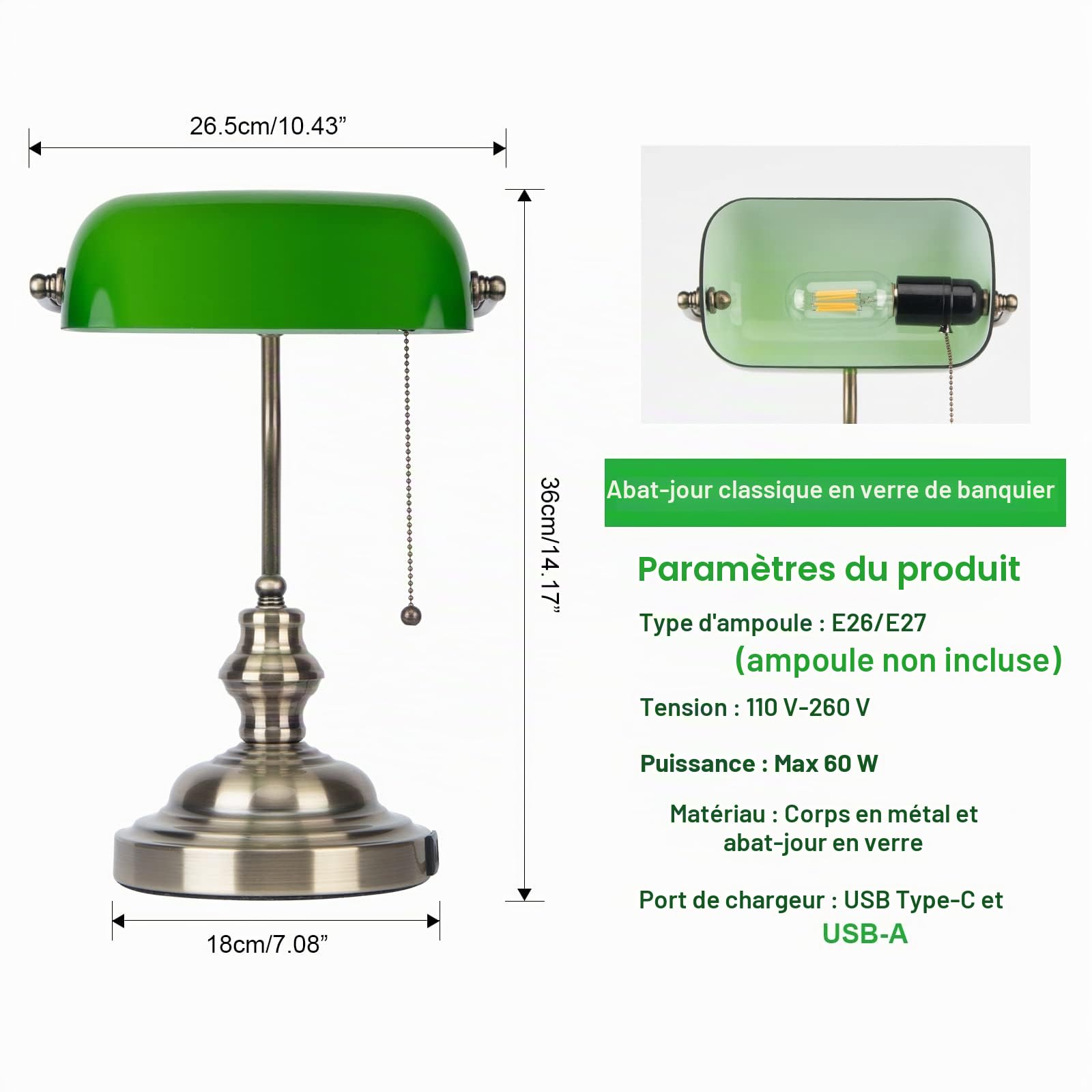 Lampe Banquier Verte Lampe de Bureau Vintage avec Port USB et Interrupteur à Chaîne