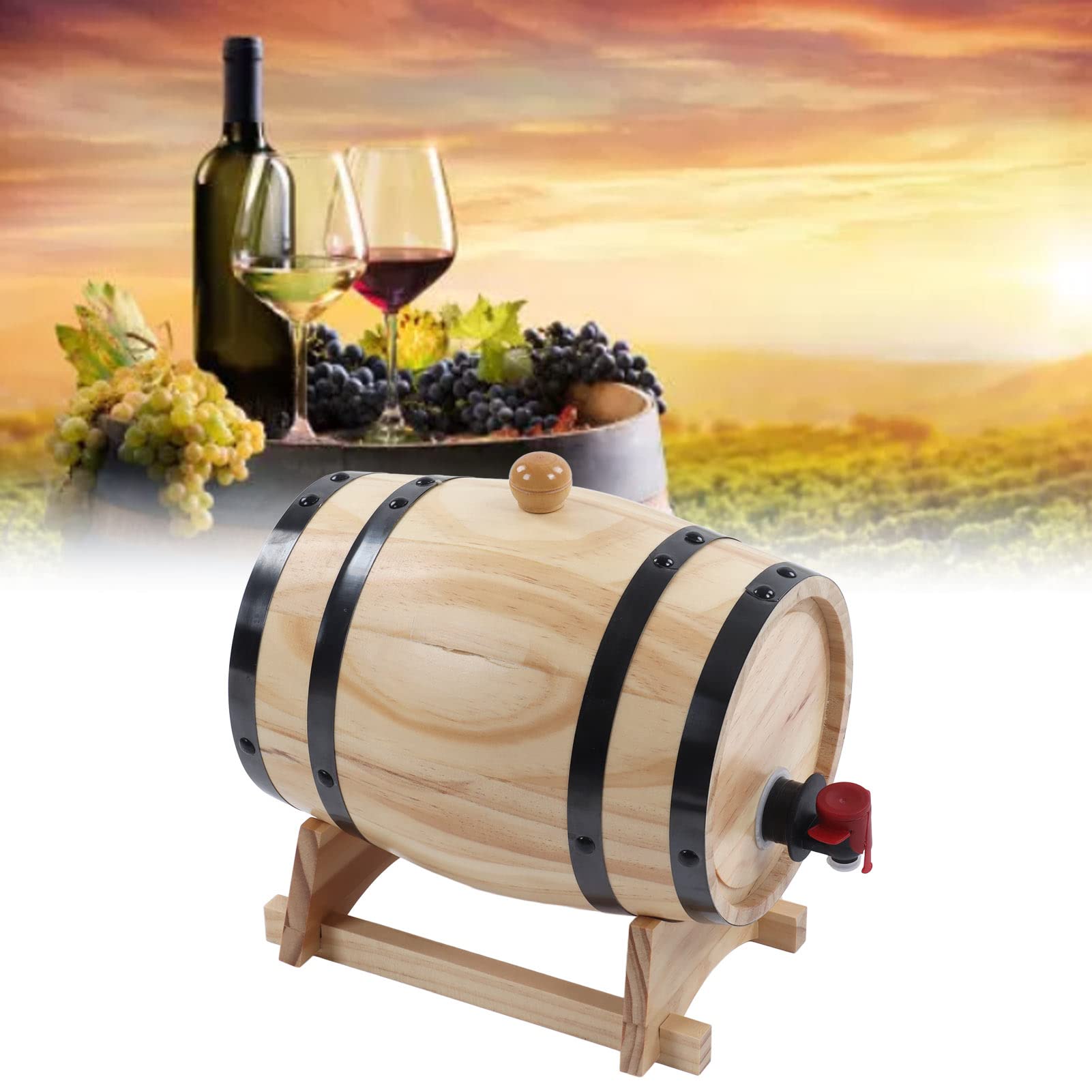 Barril de Madera de Roble con Grifo, Tapón y Soporte, 3L, para Vino, Whisky y Cerveza