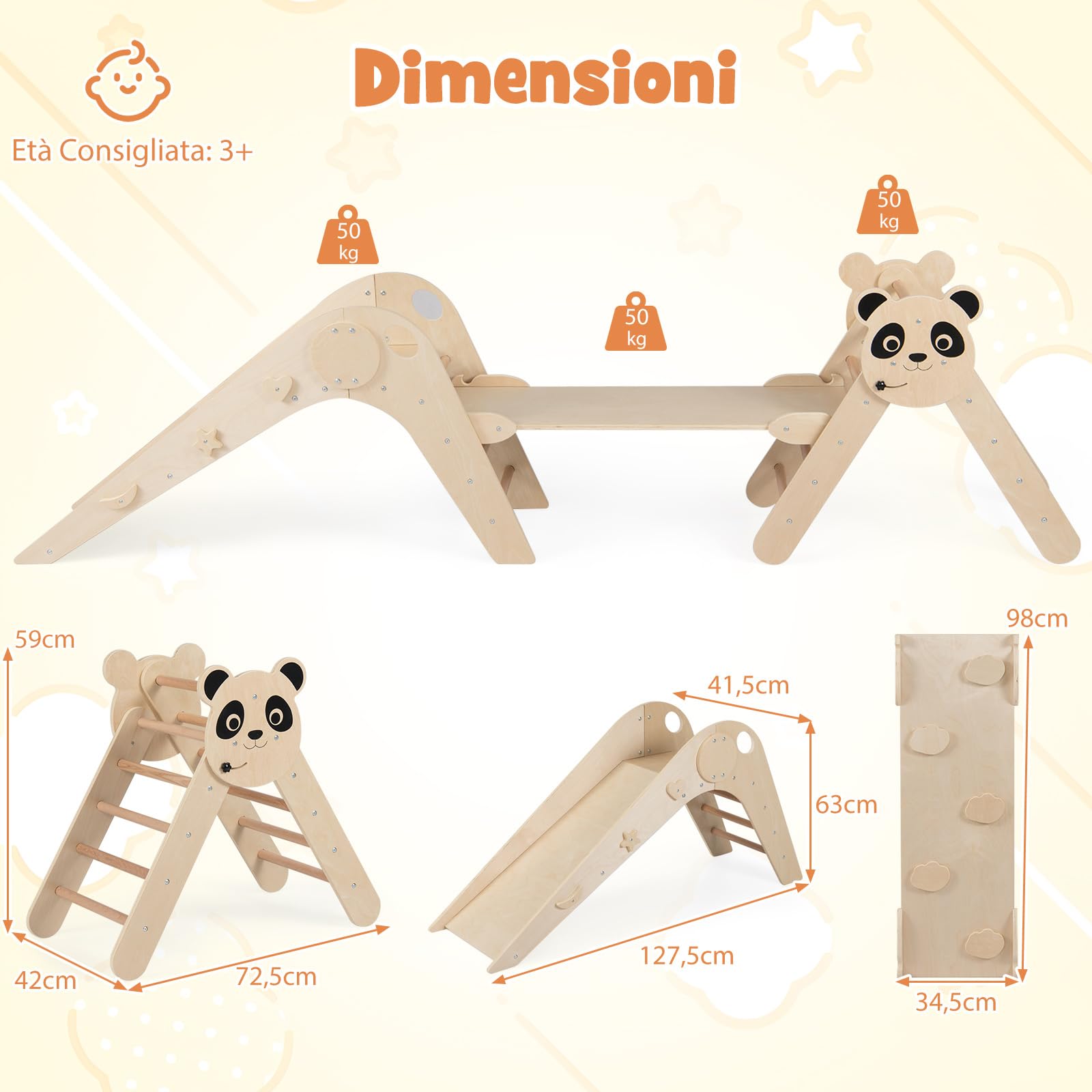 COSTWAY Set da Arrampicata per Bambini, Set Montessori Pieghevoli in Legno, Parco Giochi per Bambini con Scivolo, Rampe, Scala e Blocchi, 3 Anni + (Naturale)