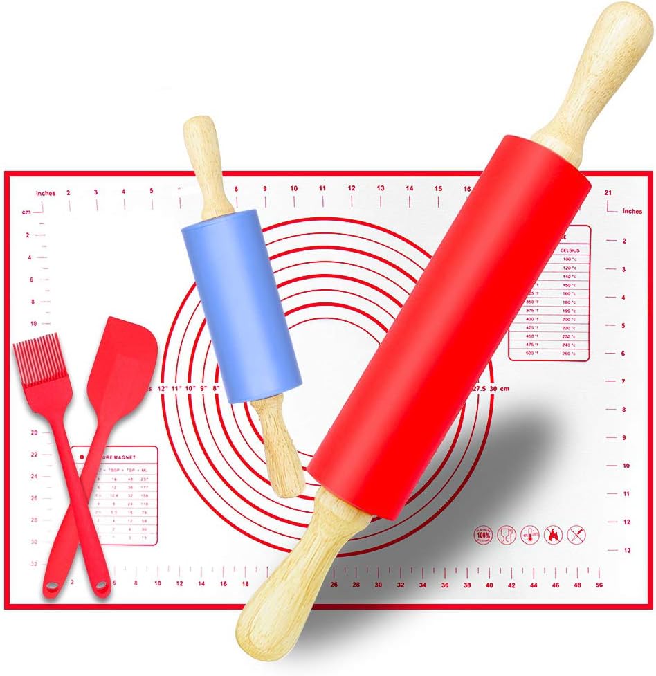 Rolling Pin, Large and Small Non-Stick Silicone Dough Rollers with Kneading Pastry Measurement Mat, Spatula and Pastry Brushes for Making Dough, Pizza, Pie, Pastries, Pasta and Cookies
