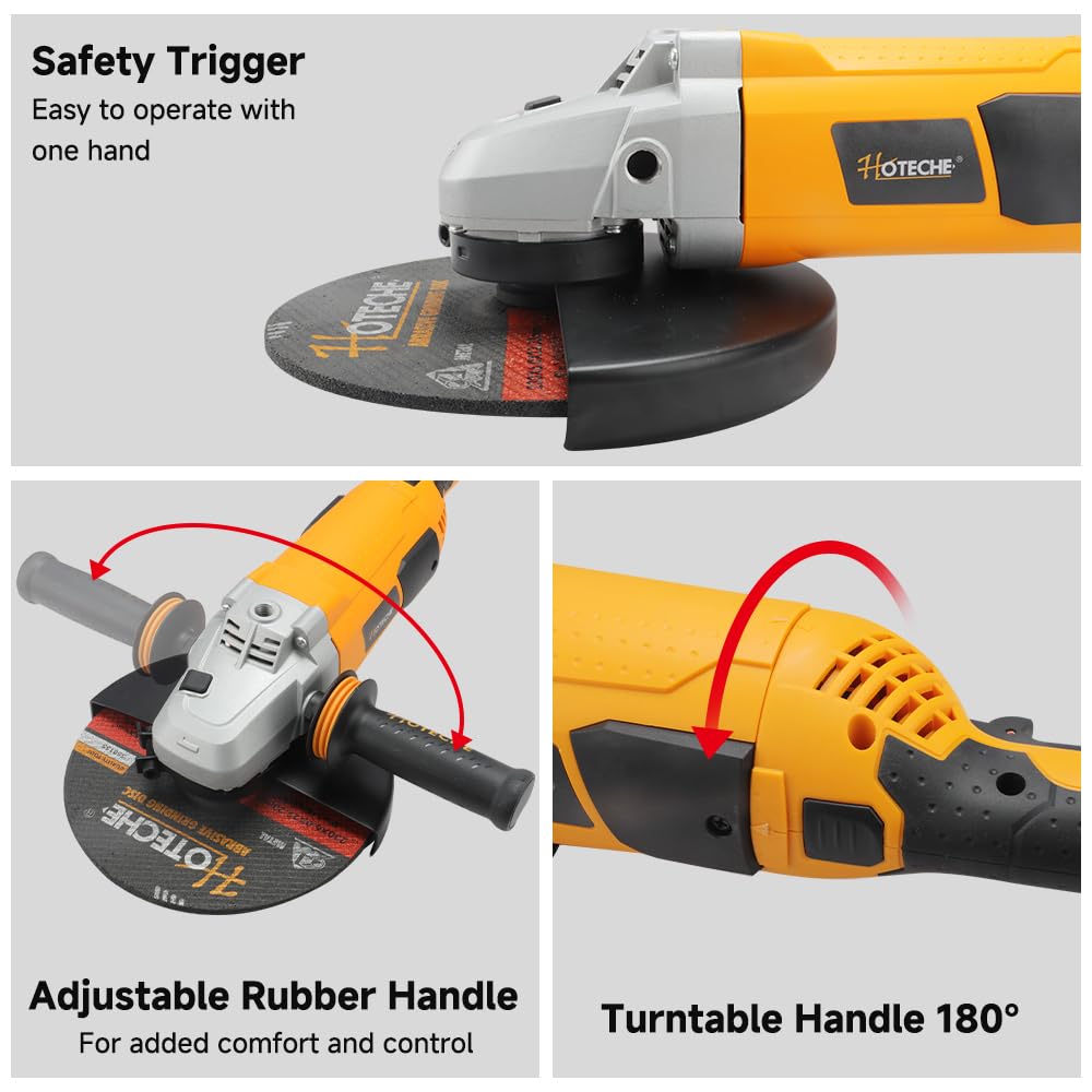 Hoteche Smerigliatrice angolare da 2400 W, 230 mm, con motore in rame, interruttore autobloccante, soft start, 6500 rpm, spina VDE – giallo/nero