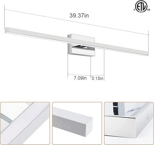 Miniatura 6 de VOLISUN Moderna lámpara de tocador cromada sobre espejo  Regulable 5CCT LED Fixture, 39.4 pulgadas, 24W  Certificado ETL