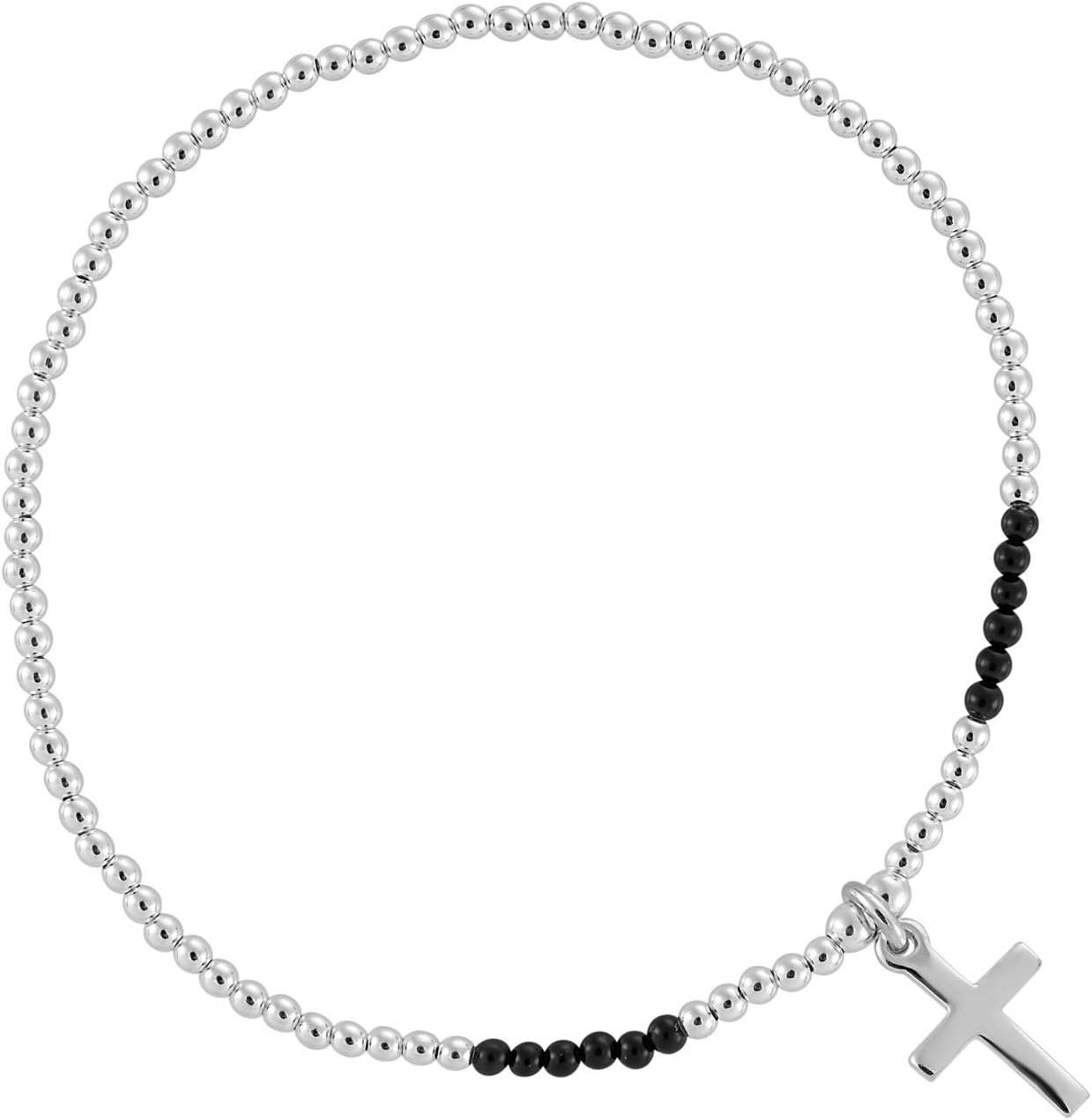 Silverly Sterling Silver Onyx Beaded Stretch Bracelet With Cross Charm - 925 Silver Ball Bead Bracelets for Women - Black Gemstone Elastic Stacking Bracelet - July Birthstone Gift for Best Friend