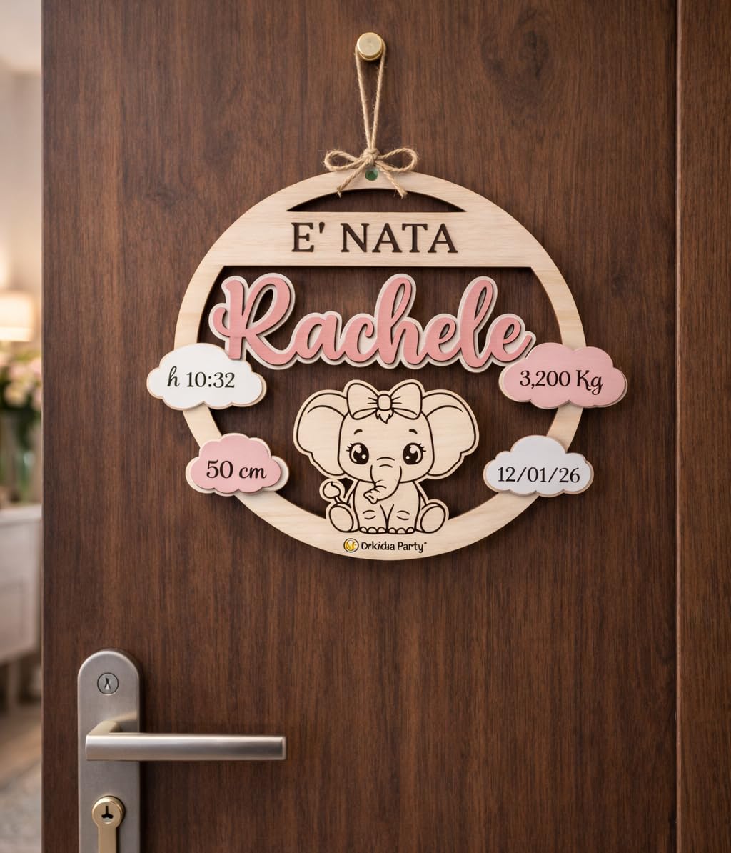Orkidea Party Fiocco Nascita per Bimba o Bimbo in Legno Personalizzabile, Decorazione Camera, Primo Regalo, per Baby Shower, per Feste.Circa 30cm di Diametro.Made in Italy