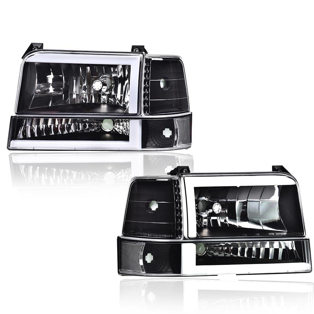 G-PLUS LED DRL headlights, Compatible with 1992-1996 Ford Bronco F150 F250 F350 bumper Headlamp, Clear lens Black Housing Clear Reflector