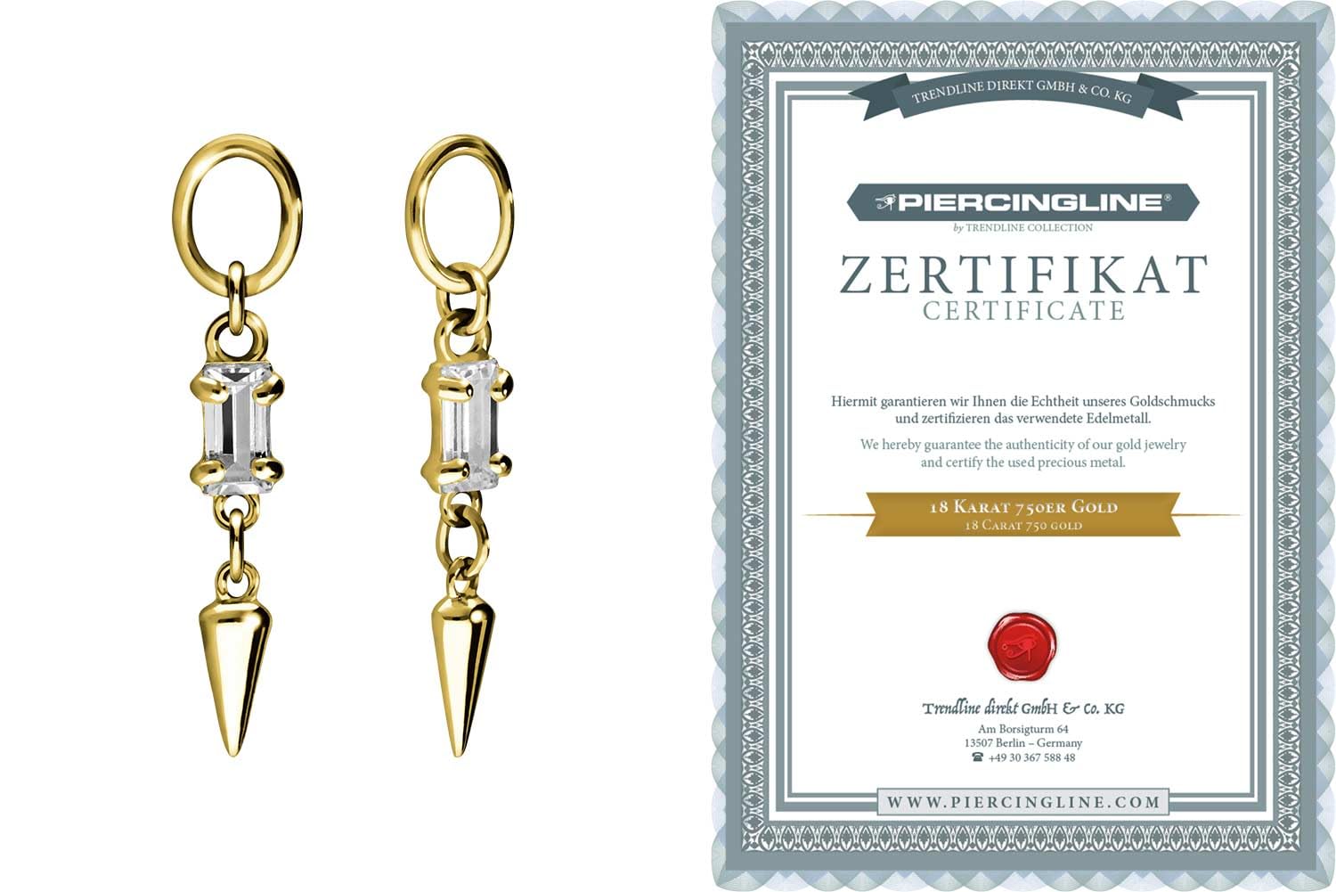 PIERCINGLINE 18 Karat Gold (750 er) Anhänger für Clicker Bauchnabelpiercing Creolen KRISTALLRECHTECK + SPITZE Piercing Gelbgold