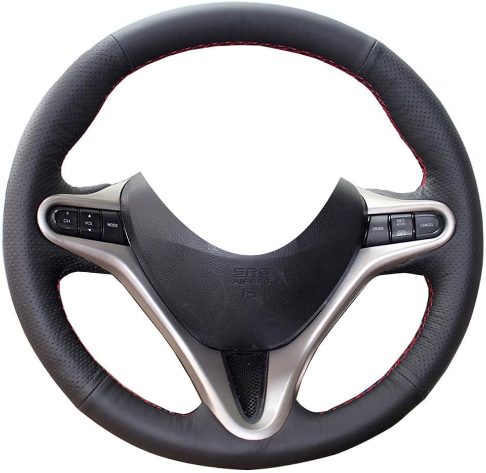 Eiseng Genuine Leather Steering Wheel Cover Stitch On Wrap for 3 Spoke 8th Honda Civic 2006 2007 2008 2009 2010 2011 DIY Sew Interior Accessories 13.5-14.5 inches (Black leather with Red thread)