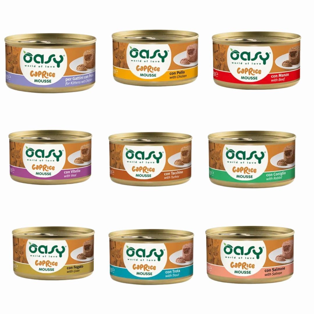 Oasy Caprice MOUSSE per gatti adulti e cuccioli di tutte le taglie GUSTI ASSORTITI | 24 scatolette da 85 grammi l'una.