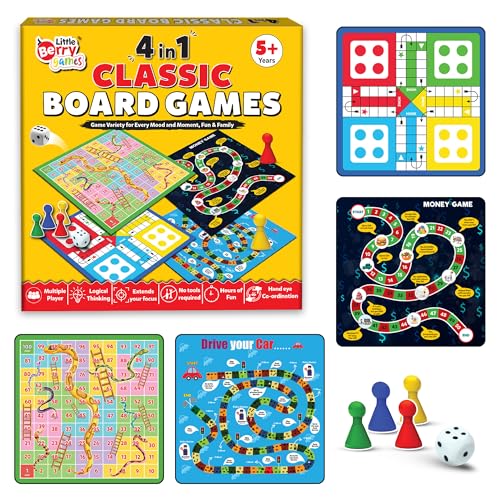 Image of 4 in 1 Classic Board Games Set for Kids & Family | Includes Ludo, Snakes & Ladders, Drive Your Car & Money Game | Indoor Fun Game Kit, Easy to Play, Travel Friendly Gift for 5+ Years