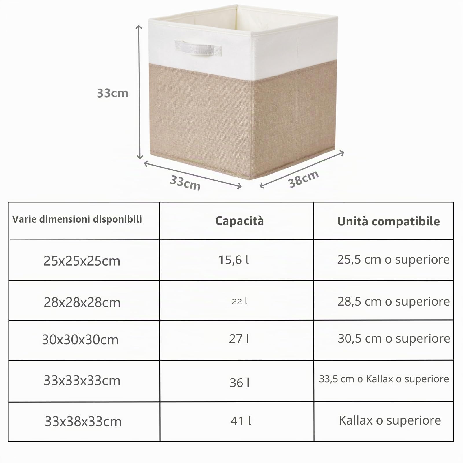 scatole portaoggetti 33x38x33cm, scatole pieghevoli in tessuto per giocattoli, vestiti, per scaffale, armadio per cameretta (Chiaro Khaki/Bianco Cremoso, set di 3)