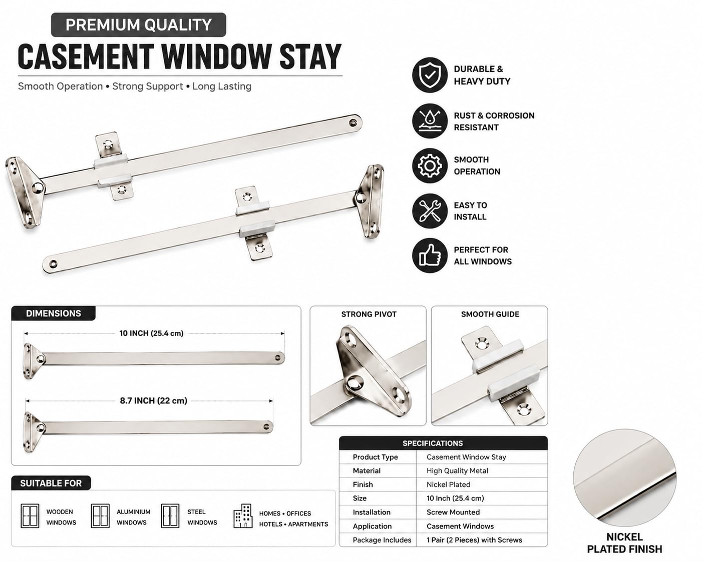 Metaholic Window Stopper Sliding Window Stay Adjustable Window Stay Finishing Nickle Plating (2) 1