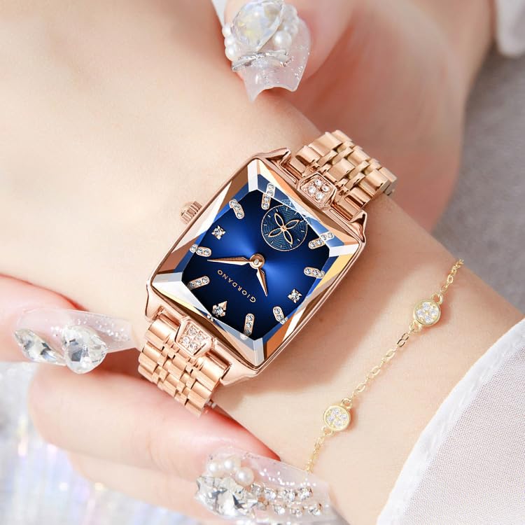 Image of Giordano Analog Watch for Women - Rectangular Dial, Crystal Hour Markers and Rose Gold Stainless Steel Strap