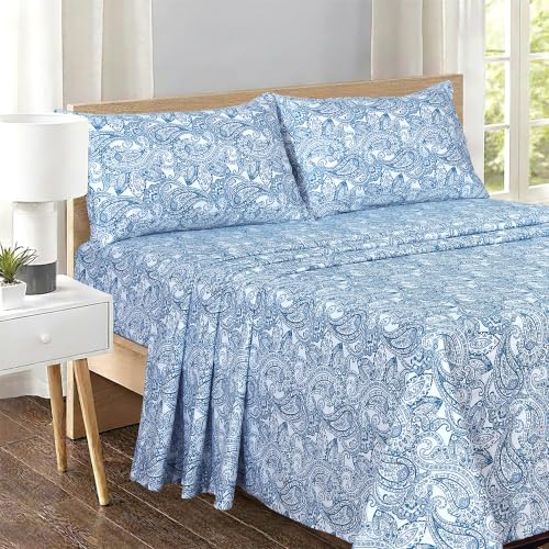 Image of Feather & Stitch Printed 500 TC Split King Size Sheet Set, 5 Piece Bed Sheets Set, 2 Twin Fitted Sheet, 1 King Flat Sheet & 2 King Pillowcases, 18 inch Deep Pockets Sateen Weave - Classic Blue Paisley