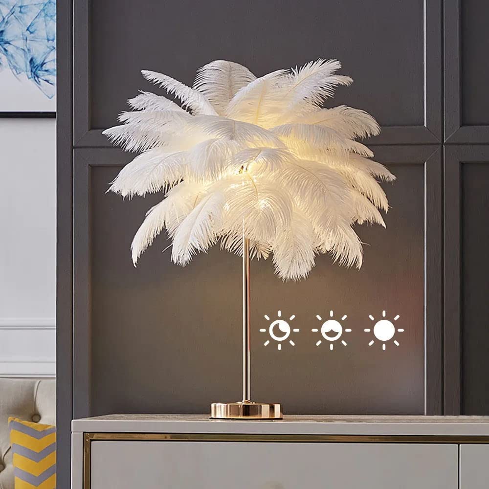 Kolorowe światła szklane， Nordic Luxury Feather Lampka nocna, biurko, salon, oświetlenie wewnętrzne, lampa stojąca z piór strusich(White)