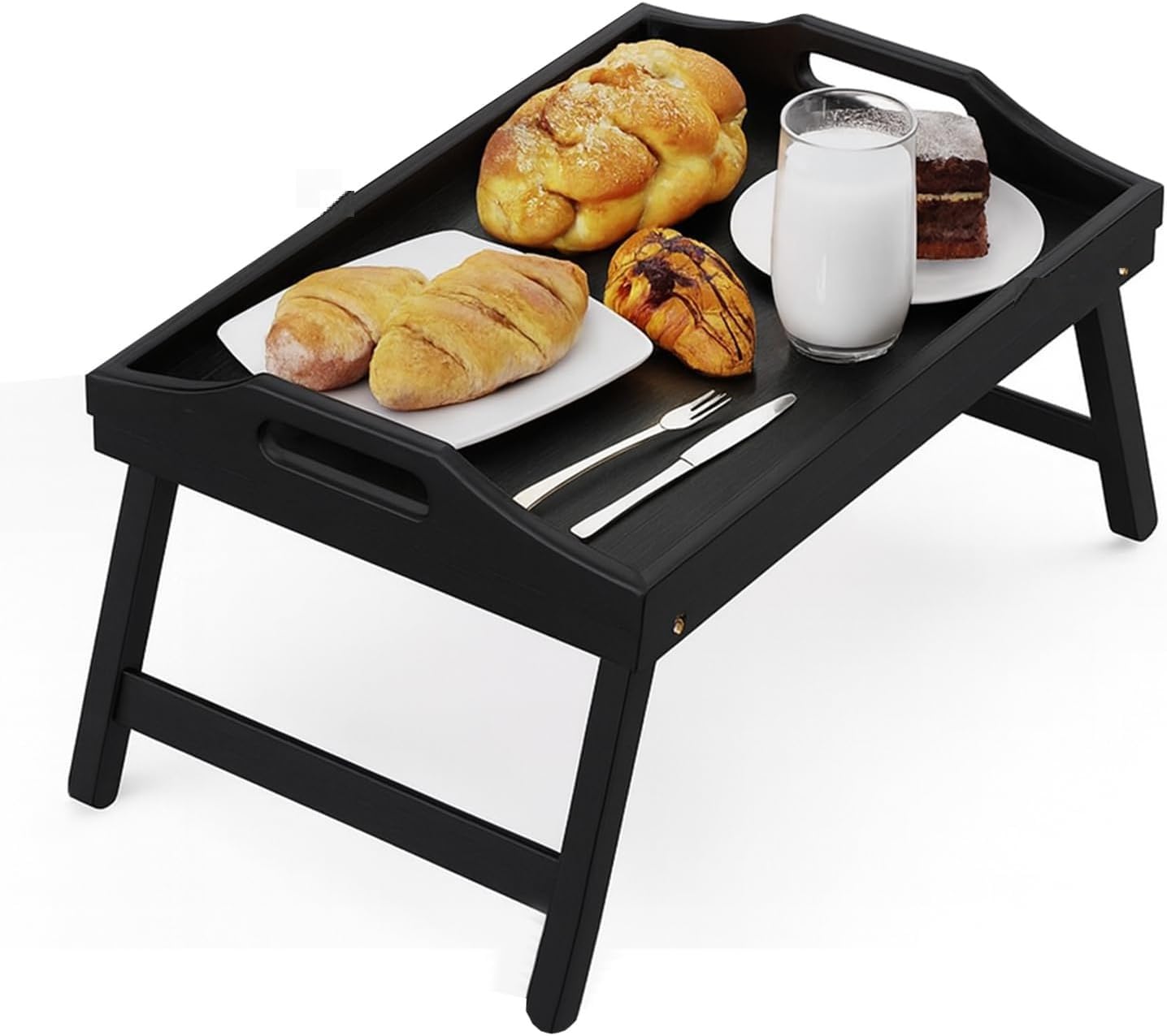 Vivaas Black Bamboo Bed Tray Table With Foldable Legs And Handles Breakfast Tray For Sofa, Bed, Eating, Platters, Working, Serving, Drawing, Laptop Stand, Wooden Snack Tray Used As Lap Tray (Black)