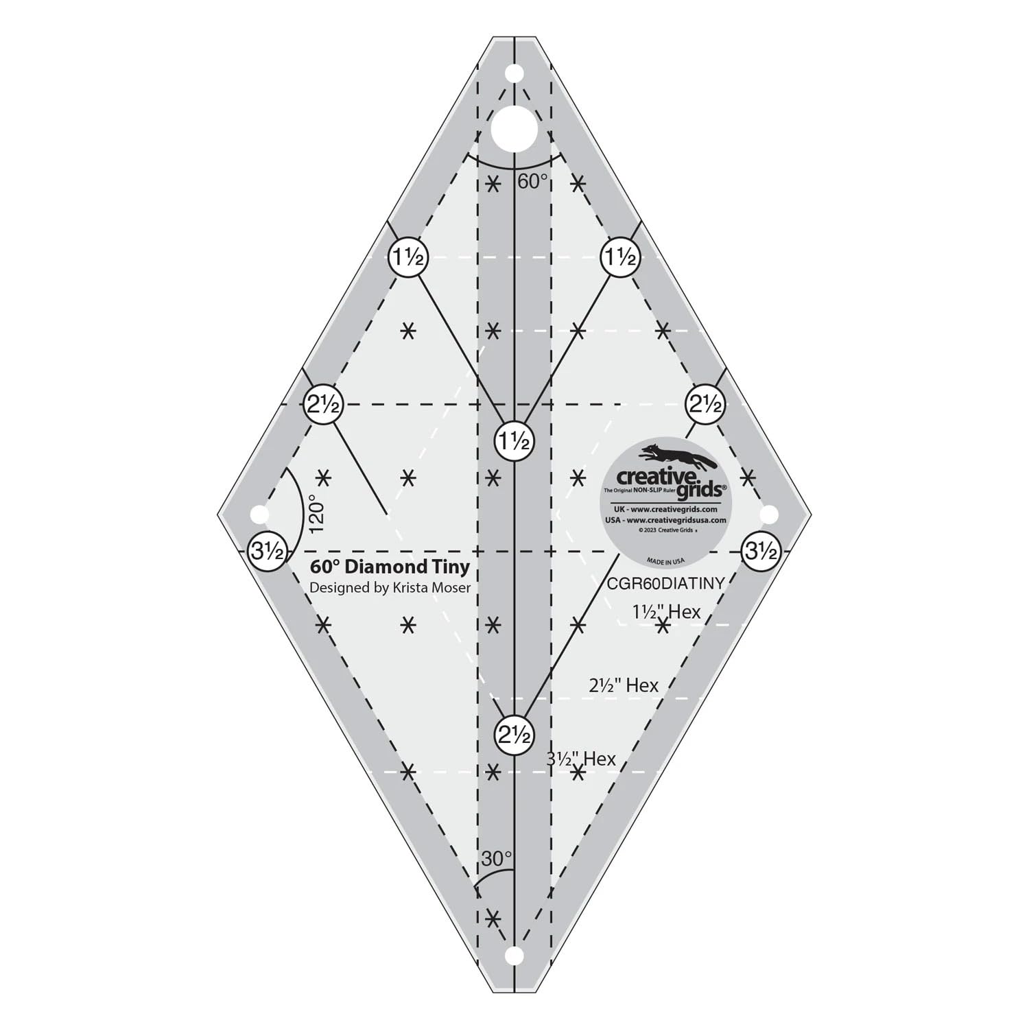 Creative Grids 60 Degree Tiny Diamond Ruler – CGR60DIATINY – Made in USA, Non-Slip Grip Acrylic Quilting, Sewing, Crafting, Patchwork Ruler & Template
