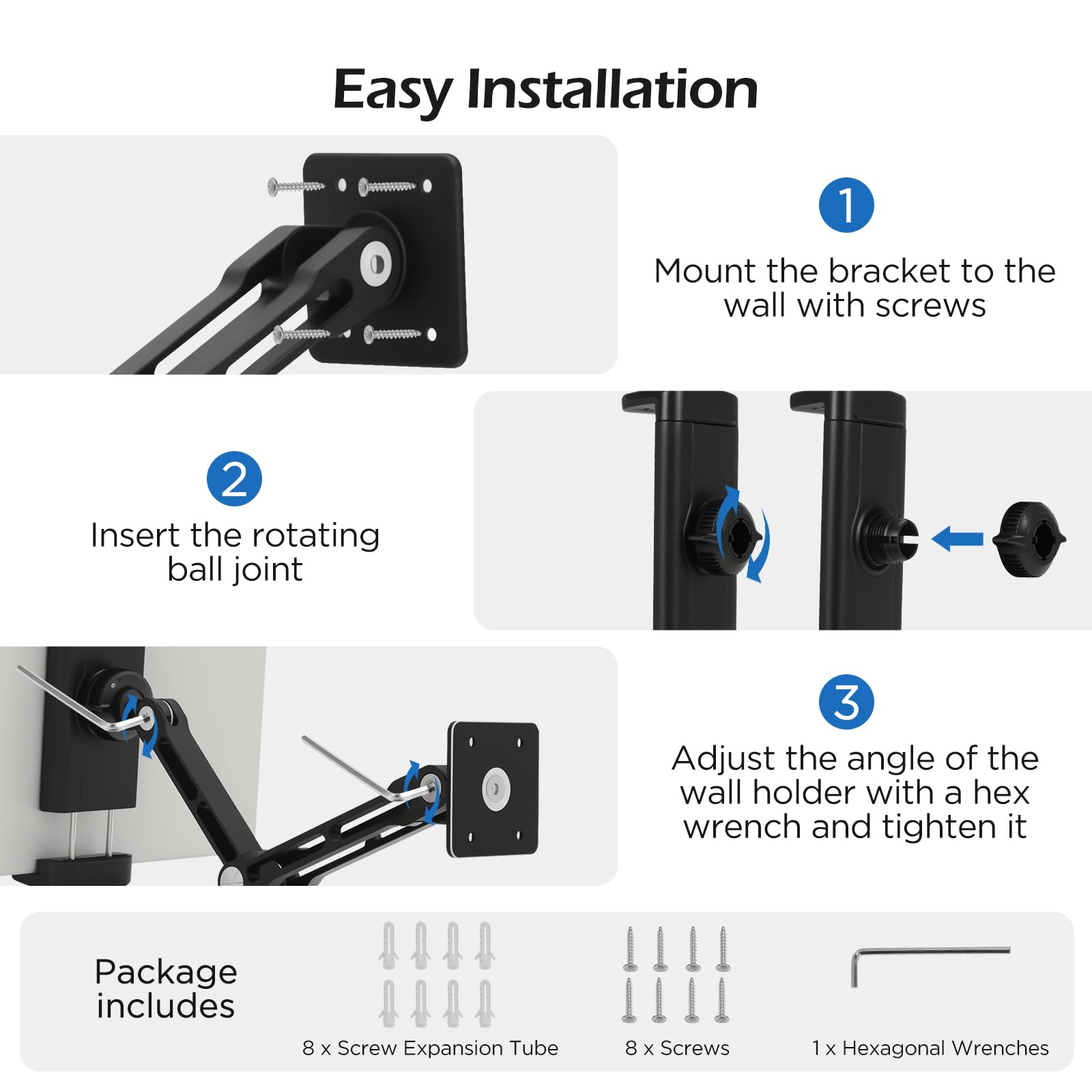 VINATO Support Mural Tablette Rotatif à 360°, Extensible Pliable Support Mural pour iPad Téléphones Tablettes de 4,7 à 13 Pouces, pour Cuisine, la Salle de Sport, Le Bureau, Noir