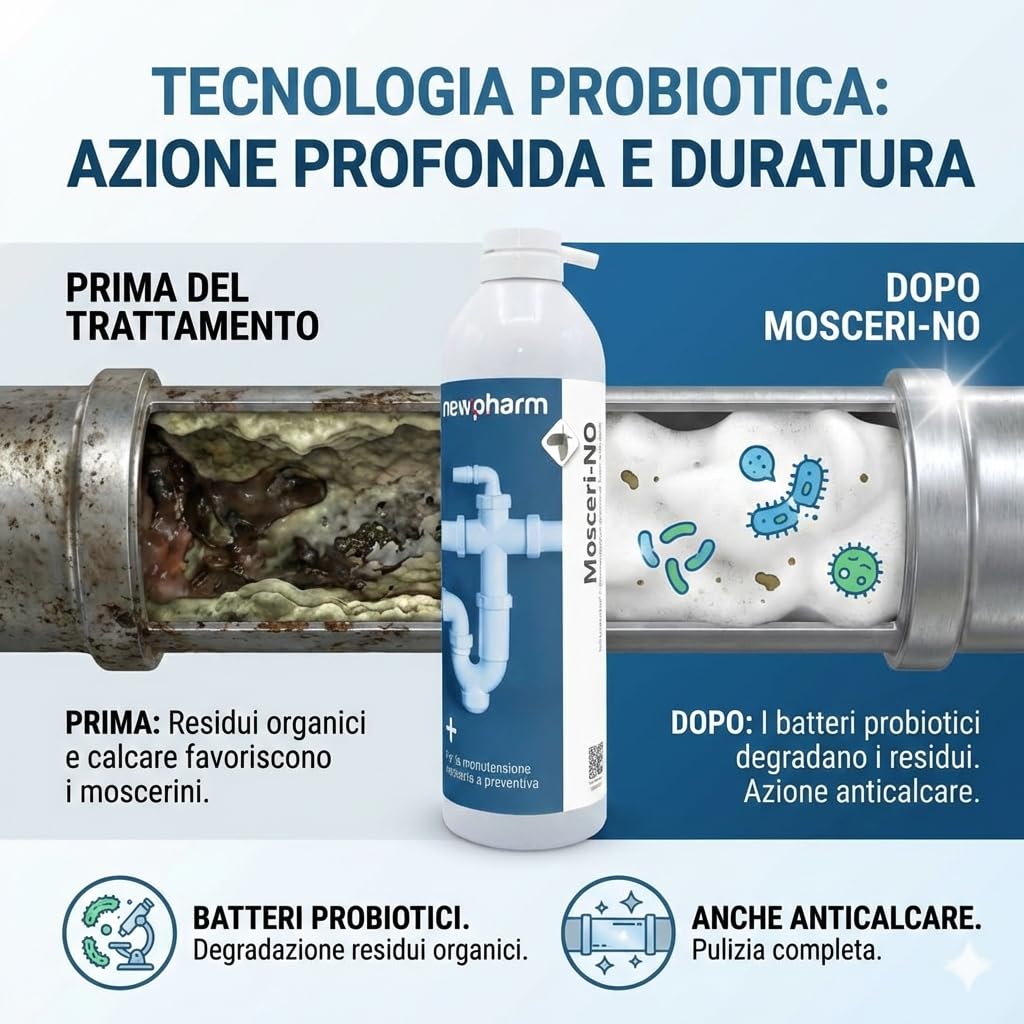 MOSCERI-NO Schiuma Attiva per Tubature – Schiuma Pulisci Tubi Lavandino Anti-Odori e Mosca dei Bagni – Schiuma Pulisci Scarichi Probiotici Biodegradabili – Compatibile Fossa Settica – 500 ml