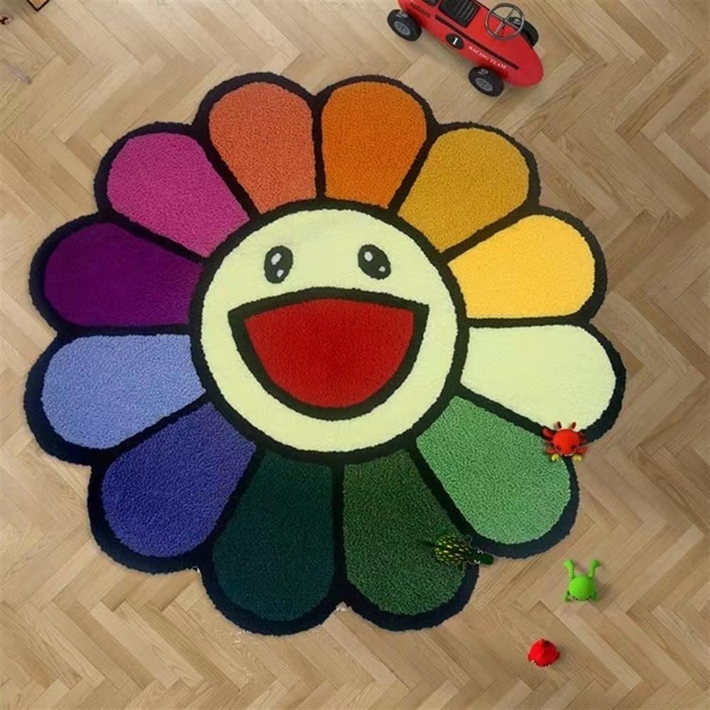 48Inch Takashi Murakami Smiley Face Rug - Colorful Flower Design